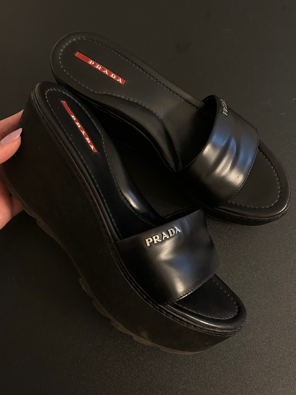 Prada Black Leather Slide Mules with Logo Plaque - Picture 2 of 4
